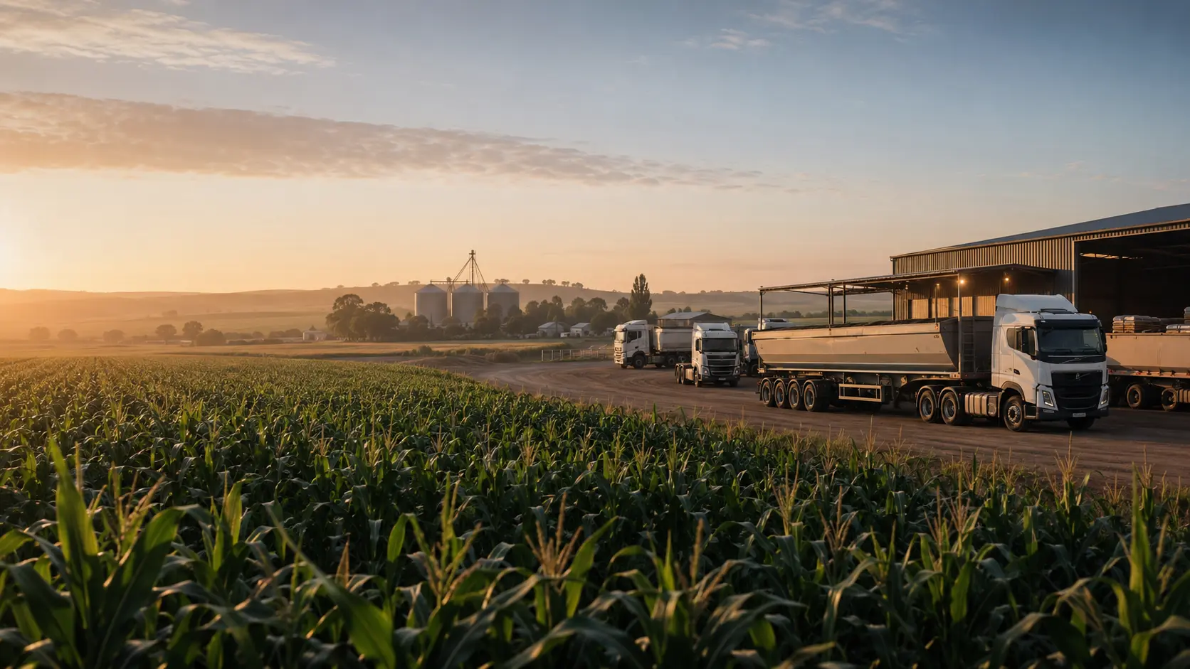 Commercial maize fields and agricultural distribution trucks at sunrise