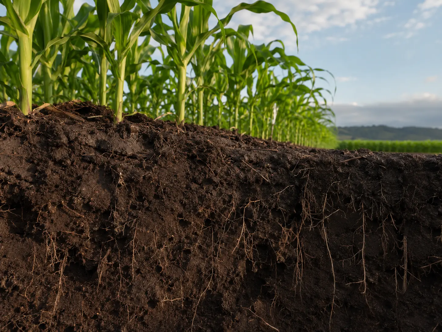 Maize plants with visible structured soil profile and crop roots